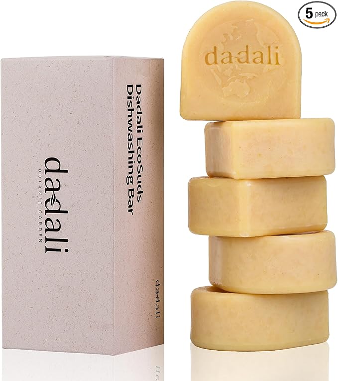 dadali Natural Solid Dish Soap Bar 25oz (Pack of 5) – Biodegradable Dish Soap Block, Eco-Friendly, Zero Waste, Gentle on Skin, Safe Cleaner for Dishware, Fruits, and Vegetables, Lemon Essential Oil.