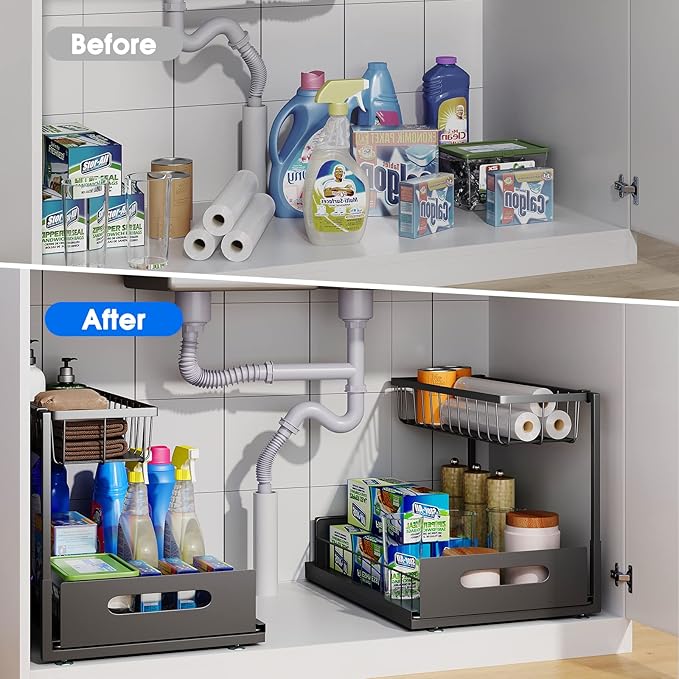 Under Sink Organizer, 2 Tier Under Sink Organizers and Storage Multi-Purpose Under Sink Storage for Bathroom Kitchen (Black)