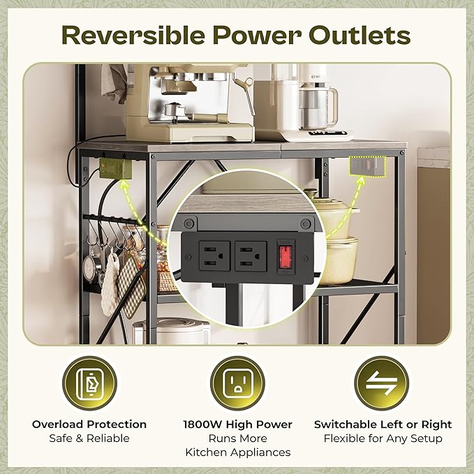 Huuger 4-Tier Bakers Rack with Reversible Power Outlet, 23.6 Inch Microwave Stand, Kitchen Bar, with Top Shelf, 6 S Hooks, Greige