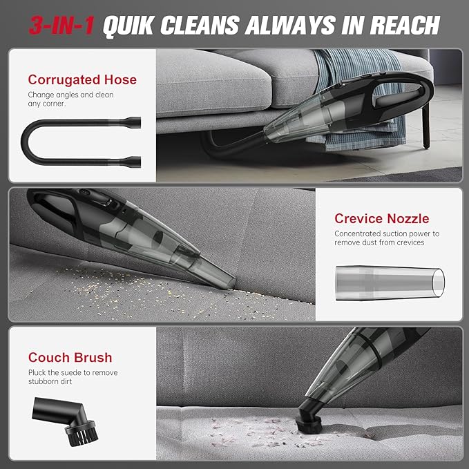 Handheld Vacuum Cordless Rechargeable, Car Vacuum Cleaner with LED, USB Charge, 1.65LBs Hand Vacuum Cordless, for Car/Home/Pet