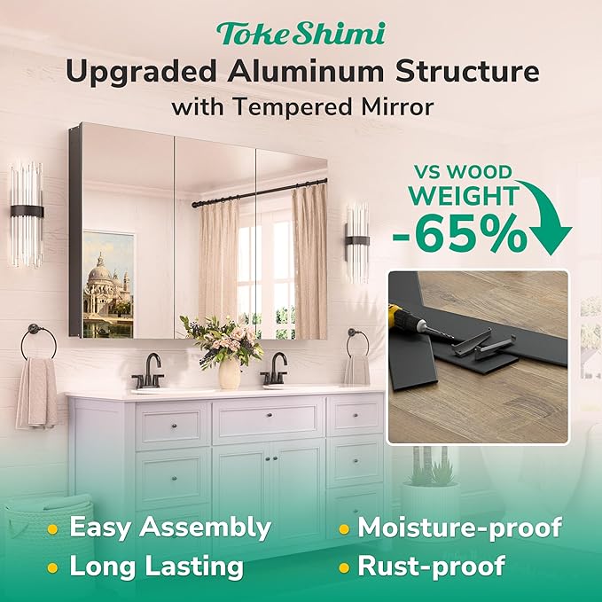 TokeShimi 24 x 32 Mirrored Medicine Cabinet Recessed or Surface Mount, Aluminum Tempered Bathroom Medicine Cabinet with Mirror with Storage Black Stepless Adjustable Metal Shelves Farmhouse