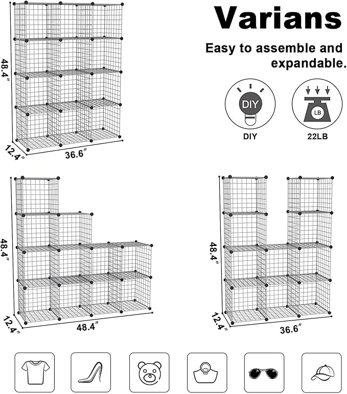 C&AHOME Wire Cube Storage, 12 - Cube Organizer Metal C Grids, Modular Shelves Units, Closet Organizer, Ideal for Home, Office, Living Room, 36.6”L x 12.4”W 48.4”H, Silver Gray UWCS3012G