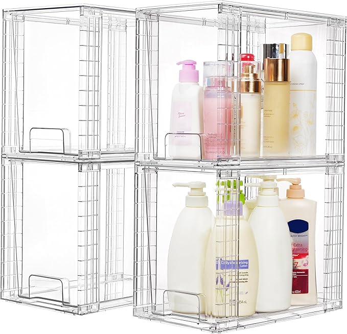 Vtopmart 4 Pack Clear Stackable Storage Drawers,9.7" High Plastic Organizers Bins for Skincare, Bathroom Supplies,Ideal for Cabinet,Undersink,Vanity,Kitchen,Pantry Organization