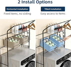 Laundry Room Storage Shelf, 2 Tier Metal Over Washer and Dryer Shelves, Washing Machine Shelf with Hanger Rods & Hooks, Expandable Bathroom Space Saver Shelf, 26–36.8" L x 18.3" W x 73.8" H, Black