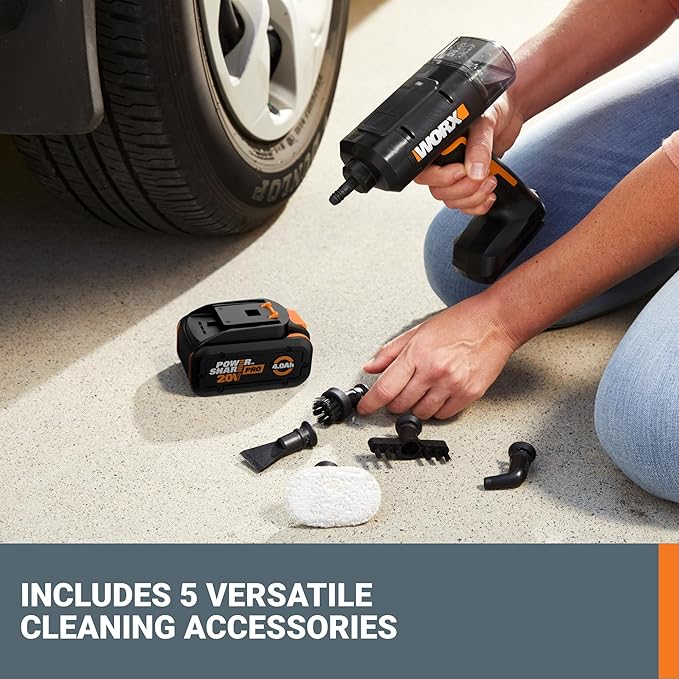 Worx 20V SteamStorm Cordless Handheld Steam Cleaner w/Accessories, Steamer for Cleaning 220°F 8-Second Preheat, Lightweight Portable Steamer for Home Car – Battery & Charger Included