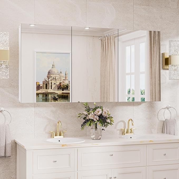 TokeShimi 48x24 Medicine Cabinet Mirror with Storage Tempered, Aluminum Surface Mount or Recessed Medicine Cabinet White with Adjustable Shelves for Bathroom Vanity Modern Farmhouse