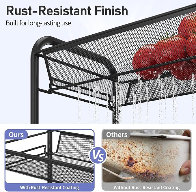 TOOLF 3-Tier Metal Rolling Cart, Mesh Wire Easy Assemble Utility Cart, Storage Trolley on Wheels with 3 Hooks, MetalStorage Shelving Units for Kitchen Bathroom Laundry Room