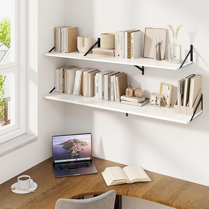 Fun Memories Floating Shelves for Wall, 12 Inch Deep Floating Shelves Set of 2, 55W x 12D Large Wall Shelf with Sturdy Metal Brackets for Living Room, Bathroom, Bedroom and Kitchen, White