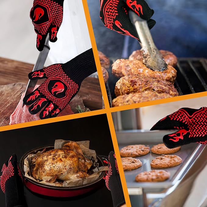 BBQ Fireproof Gloves, Grill Cut-Resistant Gloves 1472°F Heat Resistant Gloves, Non-Slip Silicone Oven Gloves, Kitchen Safe Cooking Gloves for Oven Mitts,Barbecue,Cooking, Frying,13.5 Inch-Red