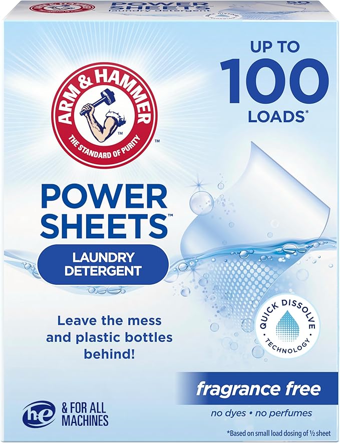 ARM & HAMMER Power Sheets Laundry Detergent, Fragrance Free, Dermatologist Tested Concentrated Laundry Detergent Sheets, 50 Count, up to 100 Small Loads