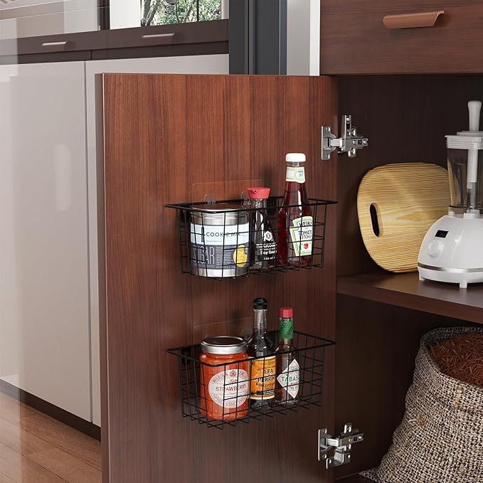 MaraFansie Hanging Kitchen Baskets Wire Storage Basket Adhesive and Screws Basket Over the Cabinet Door Organizer with Adhesive Strips and Screws Accessories, 2 Installations, 2 Pack