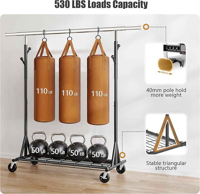 Gewudraw Garment Rack Load 530lbs,Heavy Duty Rolling Clothes Rack With Sturdy Wheel And Shelves, Adjustable Portable Hanging Rack For Clothes, Chrome Stainless Steel, Black
