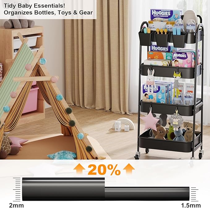 4 Tier Black Metal Rolling Cart with Lockable Wheels and Cups, Four Tiered Utility Storage Organizer on Wheels for Bathroom, Kitchen, Laundry, Garage, Office, Craft, Art, Baby Diaper, Snacks, Books