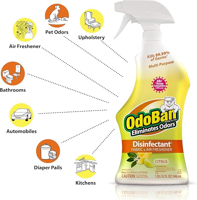 OdoBan Ready-to-Use Disinfectant and Odor Eliminator, Made in the USA, Citrus Scent, Set of 2, 32 oz Spray and 1 Gallon Concentrate