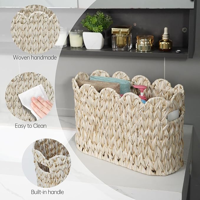 Toilet Paper Storage Basket,Boho Decorative Scalloped Baskets,Coastal Bathroom Decor,Hand-Woven Plastic Wicker Bathroom Accessories Organizer