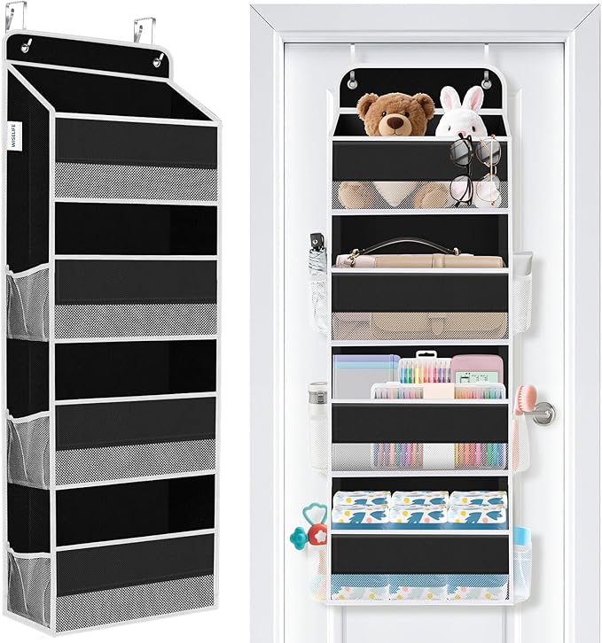 WISELIFE Over The Door Organizer Storage 4 Shelves Large Capacity Hanging Bedroom Storage Solution with 6 Side Pockets for Dorm Bathroom Pantry Nursery and Baby Essentials Holds up to 40 Lbs (Black)
