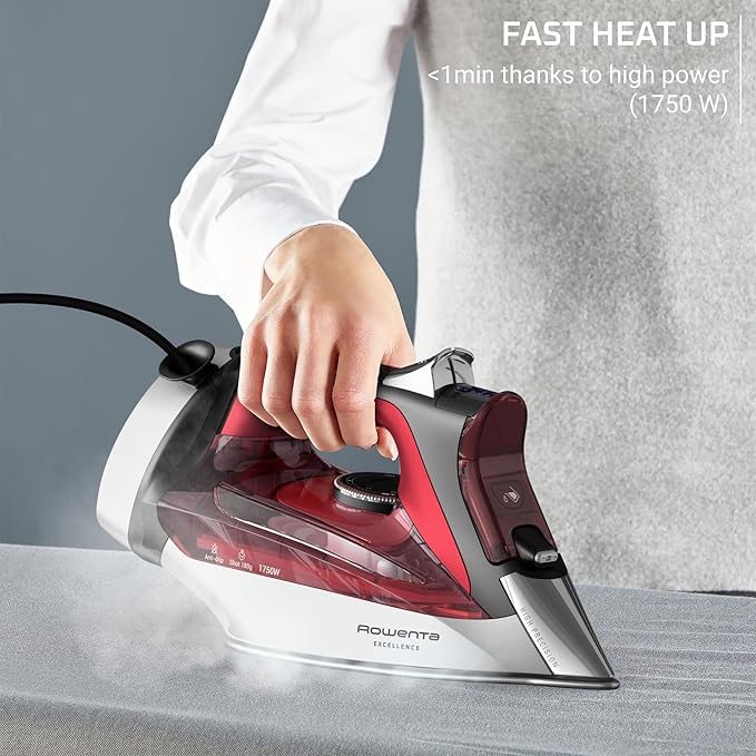 Rowenta, Iron, Focus Excellence Stainless Steel Soleplate Steam Iron for Clothes, Retractable Cord, 400+ Microsteam Holes, Powerful steam, LED Display, 1750 W Ironing Clothes, Cordreel, Red DW5433