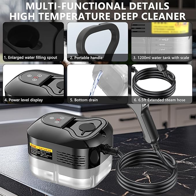 Handheld Steam Cleaner, Portable Steamer for Cleaning with 9pcs Accessories, 6-Level Adjustable Handle, 12s Heat-Up, 1200ml Tank, Steam Cleaner for Home,Dirt,Grout,Tile,Floor,Couch and Car (Black)