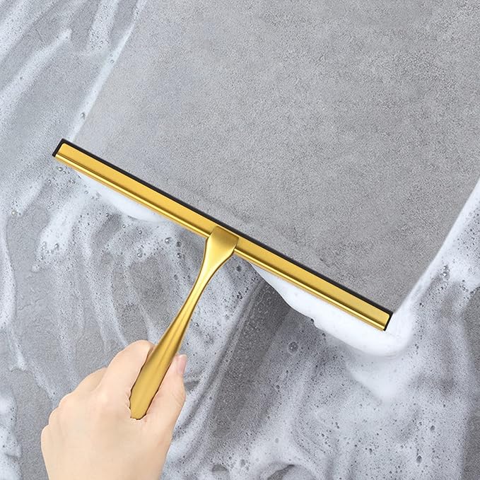 Shower Squeegee for Glass Doors,12-Inch Shower Glass Squeegee, Gold Shower Squeegee for Shower Doors,Mirror,Windows, with Shower Door Hook and Adhesive Hook