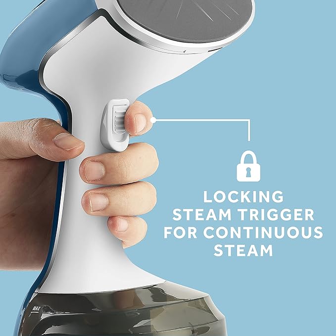 Sunbeam 1200W Steam Burst Handheld Steamer for Clothes, Dual Steam Settings, 30-Second Fast Head-Up, Bristle Brush Attachment, White and Blue Finish