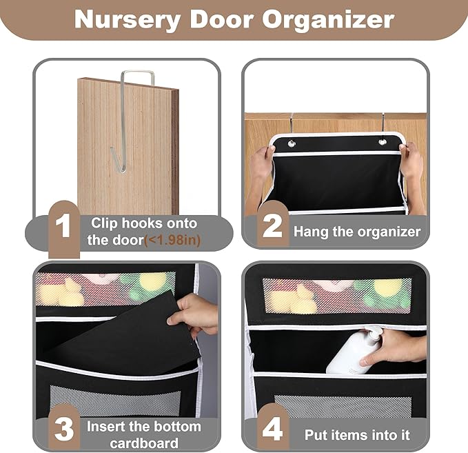 Over the Door Organizer Storage, 5 Shelf Storage with Large Pockets, Anti Tilt 44 lbs Heavy Duty Behind Door Organizer with Clear Window for Bedroom, Pantry, Bathroom, Nursery(Black)