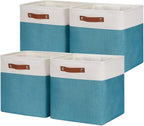 HNZIGE Fabric Storage Cubes Baskets,13 Inch Cube Storage Bins with Handles(4 Pack) Decorative Storage Baskets for Organizing Clothes, Toys, Closet, Nursery (Teal White)