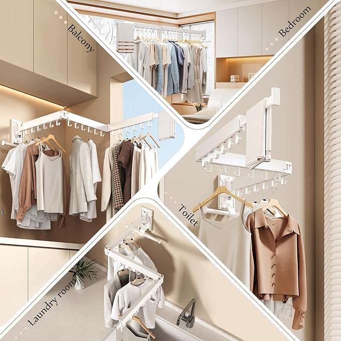 Wall Mounted Collapsible Clothes Drying Rack, Space-Saving Laundry Drying Rack Clothing Hanger, Durable Foldable Design Extends Left, Right & Up for Upgraded Versatility