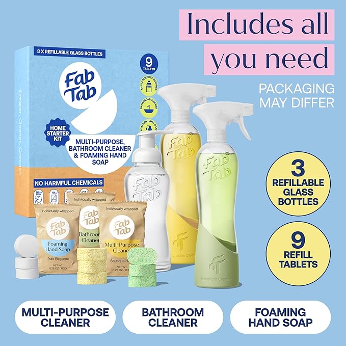 Fab Tab Home Starter Kit - Natural Cleaning Products - Household Cleaners - All-Purpose Cleaner Tablets - Plant-Based, Plastic-Fee - No Harsh Chemicals | Cleaning Kit
