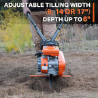 NOVUS 2 in 1 Gas Tiller Cultivator with 79cc 4-Cycle Engine, 9"-17" Tool-Free Tilling Width Adjustment, 24 Steel Tines, Never-Flat Wheels,Front Tine Gardon Tiller for Lawn, Field Soil Cultivation