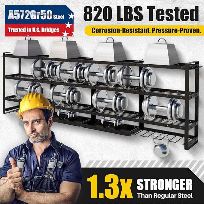 64''W XLarge Power Tool Organizer Wall Mount | Modular & Corner-Fit 820lbs Storage Rack with 8 Cordless Drill Holder | 4-Tier Heavy Duty Metal Utility Shelf for Garage Workshop Organization