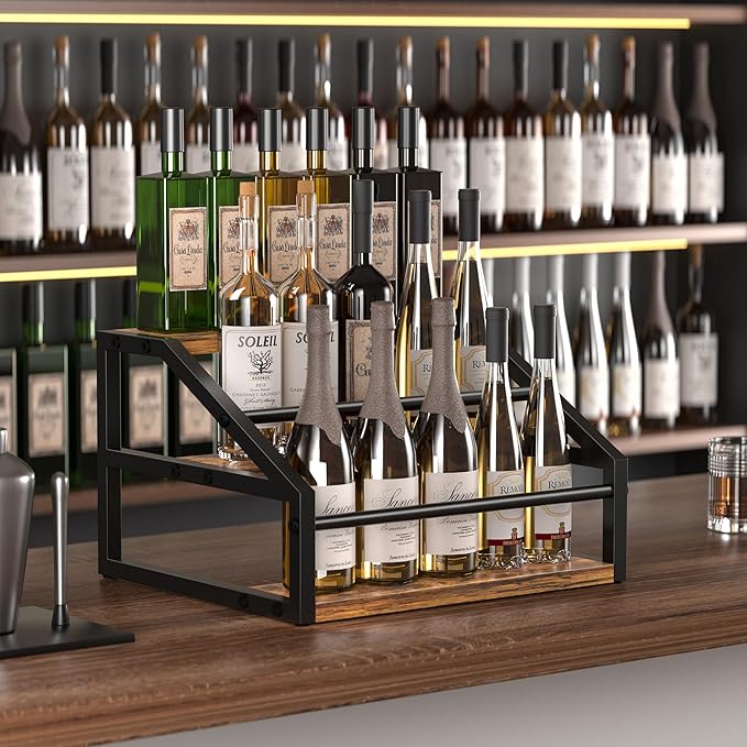 Coffee Syrup Rack Organizer, Spice Racks, Syrup Bottle Holder Stand for Coffee Bar, 3-Tier 12 Bottles Storage Shelves for Syrup, Wine, Dressing for Kitchen Countertop, Rustic Brown