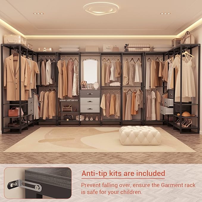 Aheaplus Wood Clothes Rack Wardrobe Organizer for Hanging Clothes, Heavy Duty Garment Rack, Large Corner L Shaped Closet System with 3 Wood Drawers, White and Grey