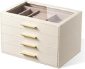 pickpiff Jewelry Box Organizer Case for Women: 4-Layer Jewelry Storage Case with Glass Window, Ivory Leather with Pink Velvet, Holder for Ring Necklace Bracelet Brooch Watch, Great Gift for Her