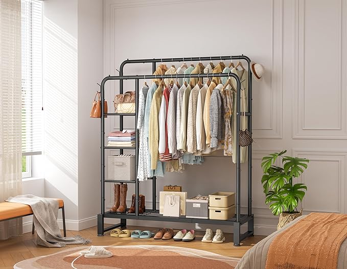 Double Rods Clothes Rack Clothing Rack with 4 Tier Storage Shelves Clothes Rack for Hanging Clothes Multifunctional Heavy Duty Clothes Organizer with Hooks for Bedroom,Wardrobe Closet,Shop,Black