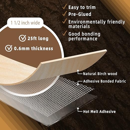 GSCIT Club Birch Edge Banding, 1 1/2 inch x 25ft roll of Veneer Edge Banding Preglued Flexible, Real Wood Tape Banding