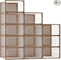Kuject X-Large Shoe Storage Boxes Organizers for Closet 12 Pack, Fit Size 11,Clear Plastic Stackable Sneaker Containers for Entryway, Space Saving Shoe Rack, Brown