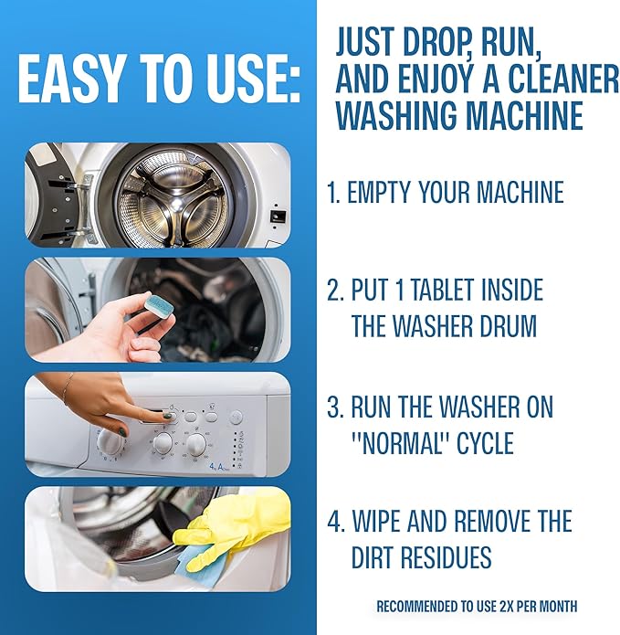 Sudstainables Washing Machine Cleaner Tablets (24-Pack) – Deep Clean for Front or Top Load Washers, Removes Odor, HE Washer and Septic Safe Cleaning Solution for Long-Lasting Freshness
