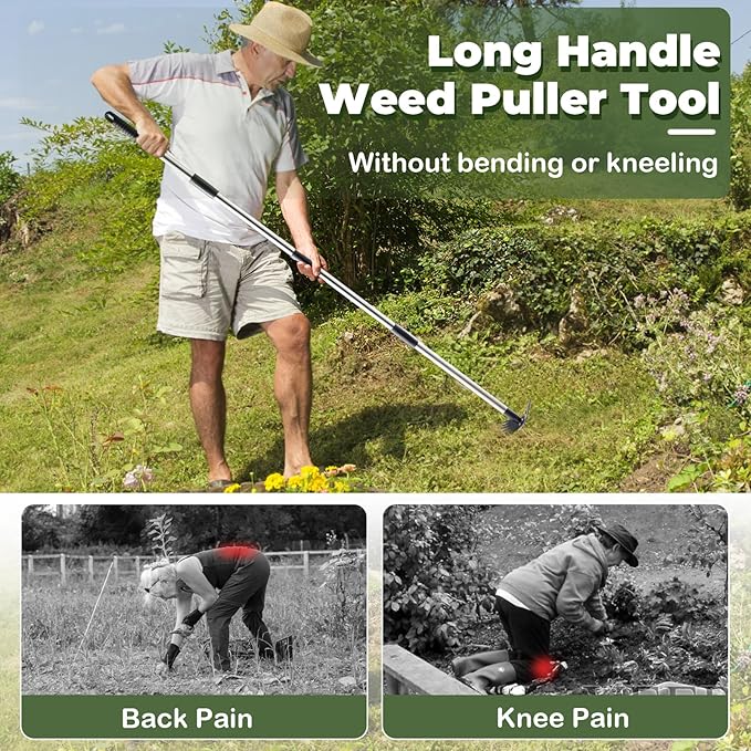 Weed Puller Tool with Long Handle - 60" Manual Weeder Remover Tool, 2 in 1 Hand Weed Rake and Garden Hoe for Gardening, Heavy Duty Uprooting Weeding Pull for Yard, Lawn, Patio and Garden