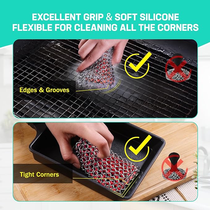 HAUSHOF Cast Iron Scrubber, Chainmail Scrubber with Silicone Core, Premium Chainmail Scrubber Sponge for Skillet, Pan, Dutch Oven