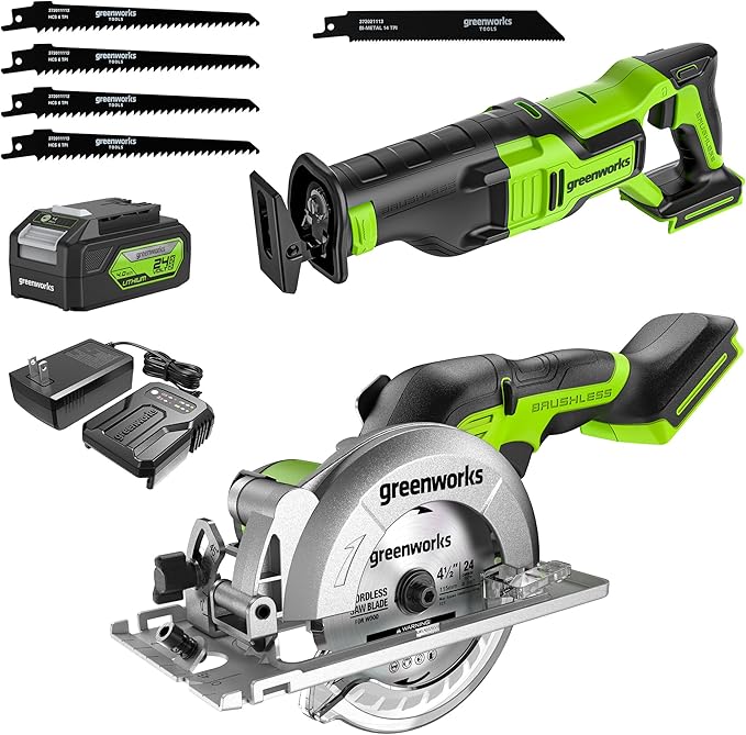 Greenworks 24V Brushless 2-Tool Combo Kit,Cordless Reciprocating Saw+4-1/2" Circular Saw Power Tool Sets Including Battery