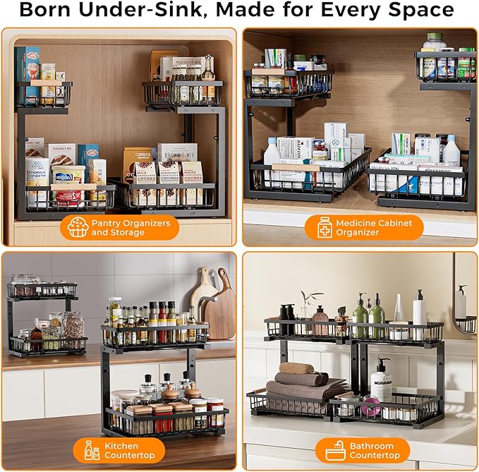 Under Sink Organizer,2 Pack 2 Tier Under Sink Organizers and Storage,Slide Out Pull Out Cabinet Organizer Shelf,Metal Sliding Drawer for Kitchen Bathroom Pantry Cabinet Closet Organization Rack Black