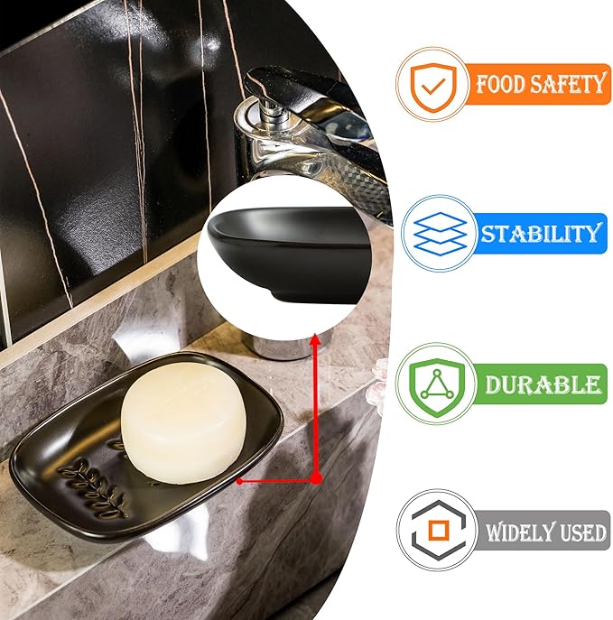 Soap Dish Soap Holder Shower, Ceramic Soap Dishes for Bar Soap Sponge, Shower Saver Tray for Bathroom Kitchen Sink, Raised Leaf Design, Black