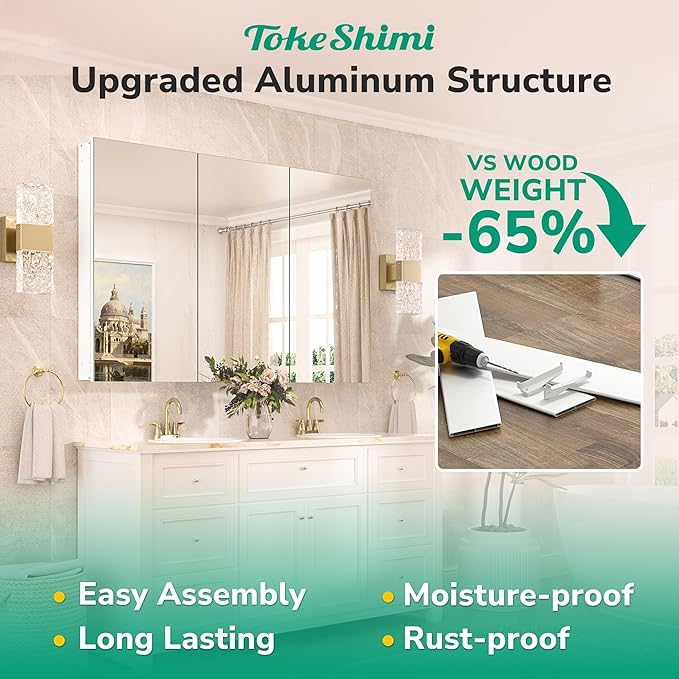 TokeShimi 36x24 Medicine Cabinet Mirror with Storage Tempered, Aluminum Surface Mount or Recessed Medicine Cabinet White with Adjustable Shelves for Bathroom Wall Cabinet Farmhouse