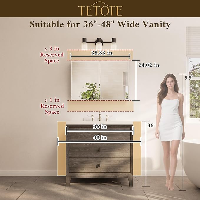 TETOTE 36 x 24 Bathroom Vanity Mirror Cabinet with Tempered Beveled Mirror Black Medicine Cabinet Aluminum Cabinet DTC Hinges, Stepless Adjustable Shelves, Recessed/Surface-Mounted