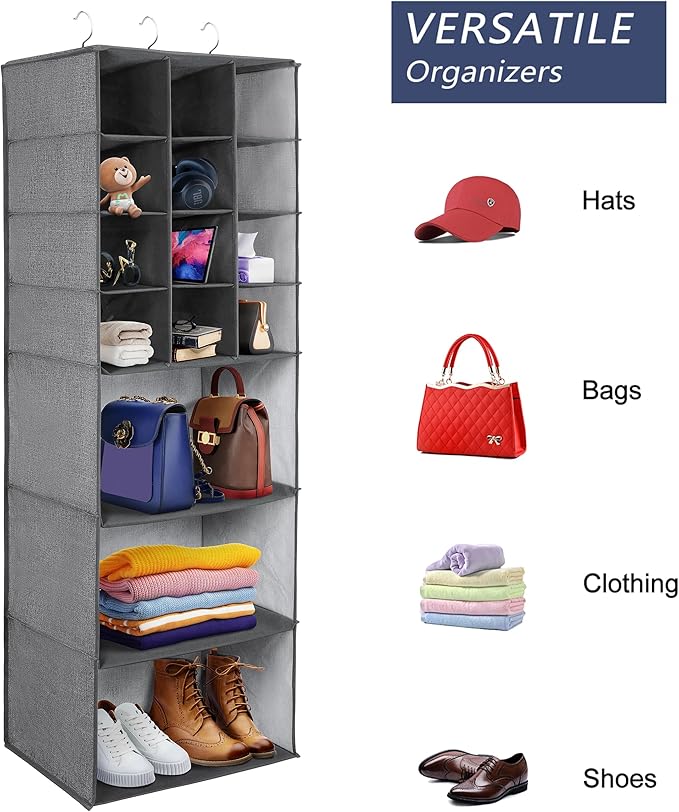 Libeder Shoe Organizer for Closet, 15 Shelf Hanging Closet Storage Shelves,12 Shoe Rack Organizer 3 Large Compartment for Clothes, Space Saving Closet Organizer for Shoes with 3 Metal Hook(Grey)