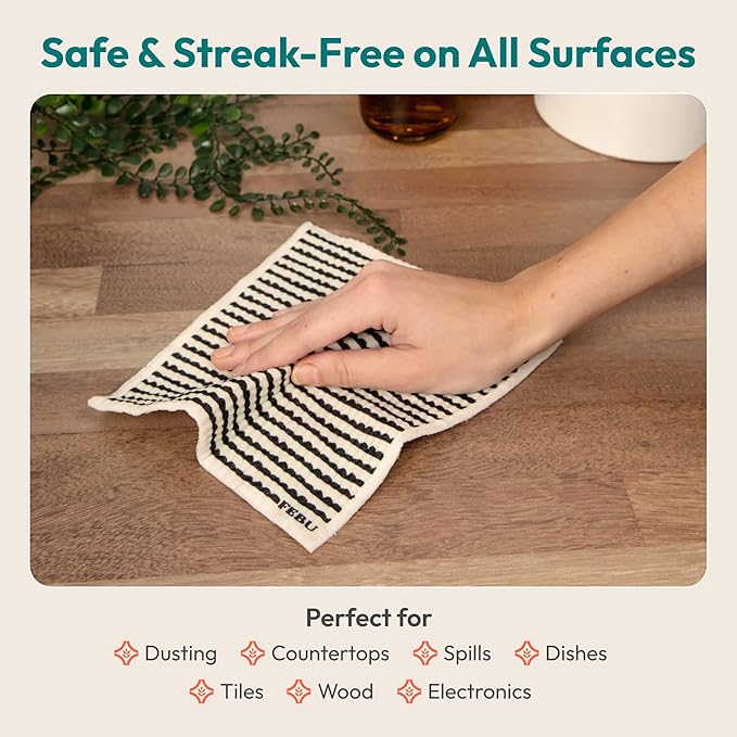 FEBU Swedish Dishcloths for Kitchen | 5 Pack Black Reusable Paper Towels Washable | Swedish Dish Towels | Non-Scratch Cellulose Sponge Cloths | No Odor, Biodegradable Cleaning Cloths