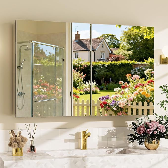 BEAUTYPEAK Bathroom Medicine Cabinet Mirror with Storage, 40 Inch x 26 Inch Silver Medicine Cabinet with Double Door & Adjustable Shelves for Vanity, Tempered, Aluminum Surface, Wall-mount or Recessed