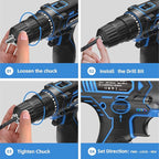 Cordless Drill Set, 12V Power Drill with 2.0Ah Battery and 2-Speed, 30Nm Torque, 25+1 Clutch Settings, 3/8" Keyless Chuck, Blue Electric Drills for Home DIY, Wood, Metal, Plastic Drilling