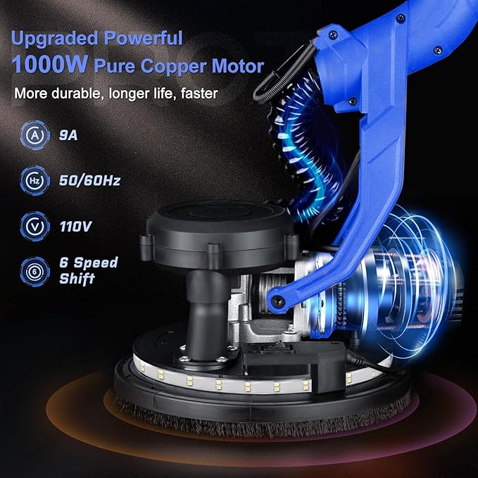 Drywall Sander, 1000W Popcorn Ceiling Removal Tool, Foldable Automatic Drywall Sander with Vacuum Dust Collection, LED Light, 6 Variable Speed 800-2200RPM,15Pcs Sanding Discs (Blue）