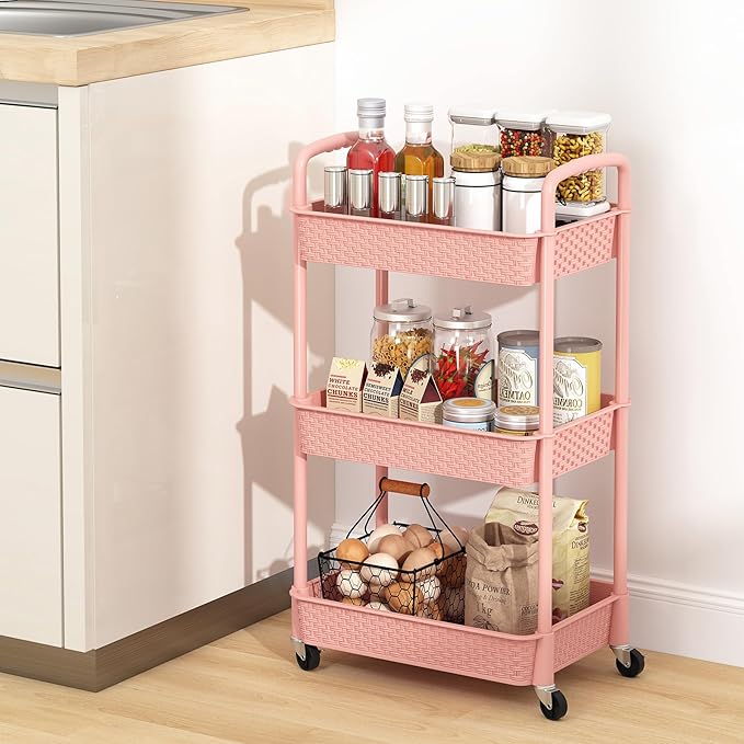 MOYIPIN 3-Tier Plastic Rolling Utility Cart with Handle,Utility Storage Cart for Office, Living Room, Kitchen,Movable Storage Organizer Shelves,Pink